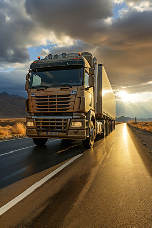 A large semi truck driving down a desert road at sunset. European truck.の素材