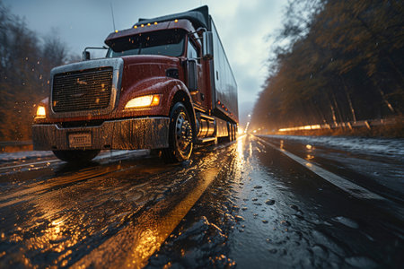 Semi truck driving down a rain soaked road. Transportation in rainy day. Low point of view.の素材