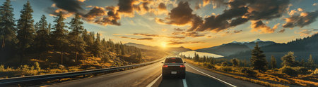 A car driving down a road next to a forest at sunset. Large panoramic image.の素材
