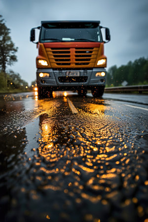 Semi truck driving down a rain soaked road. Transportation in rainy day. Low point of view.の素材