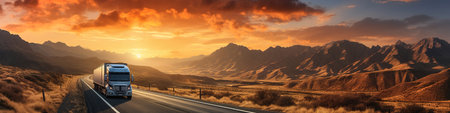 A truck driving down a road and sunrise cloudy sky. Panoramic image.の素材