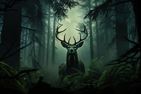 A deer standing in the middle of a forest. Deer silhouette. Green tones.の素材