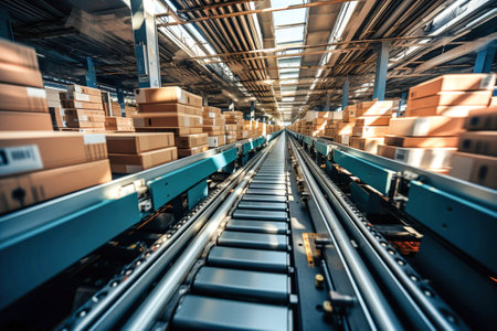 Boxes on a conveyor belt in a factory or courier cargo parcel warehouse.の素材