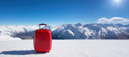 A red suitcase sitting on top of a snow covered field. Mountains and trees on winter background.の素材