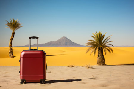 A red suitcase sitting on top of a desert sand. Two palms. Minimalist touristic concept.の素材