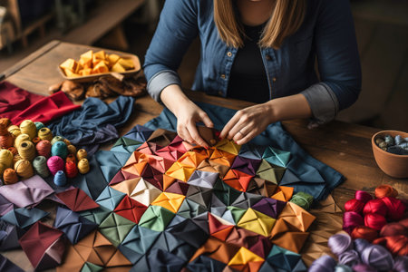 A woman sitting at a table working on a piece of art with multicolor cloths.の素材