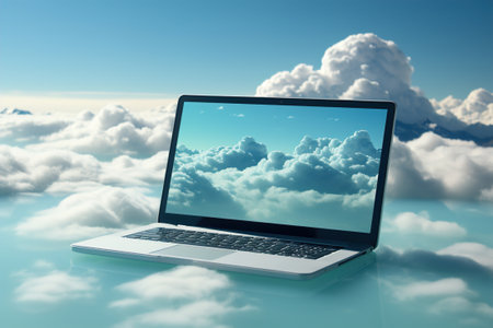 A laptop computer sitting on top of a cloud filled sky. Cloud network concept.の素材