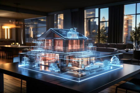 A lighted model of a house on a table in architect office.の素材