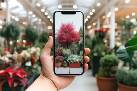A person taking a picture of a flower shop.の素材