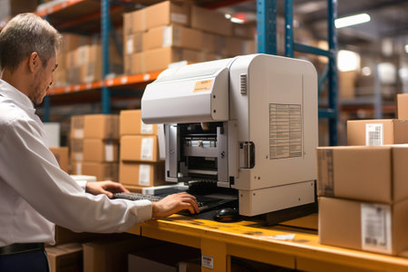 A man working on a machine for printing labels and barcode on boxes in a warehouse.の素材