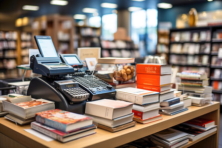 A table with cash register in book store, many books on shelves in the background.の素材