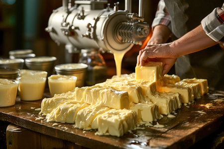 A master cheese maker makes butter in a small dairy.の素材
