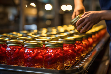 Many jars of canned food are lined up on a rack in food production factory.の素材