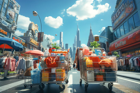 Vibrant shopping carts full of products on a busy city street. Exterior shot.の素材