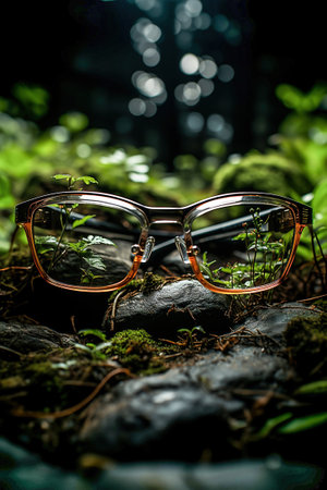 Eyeglasses on ground in the forest. Flowers and grass are seen in the eyeglasses.の素材