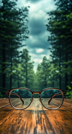 Eyeglasses and forest on the background.の素材