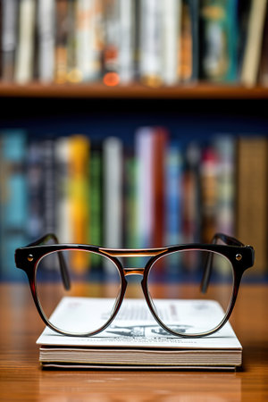 A book with eyeglasses on top of it, bookstore shelves on background.の素材