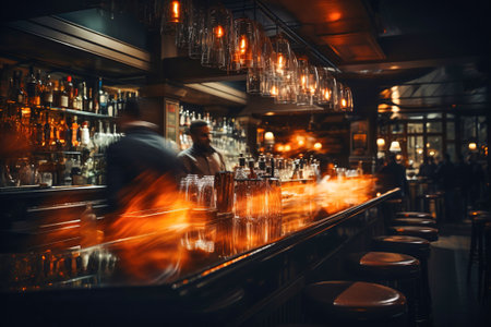 Cozy and atmospheric bar at night with a row of bar stools.の素材