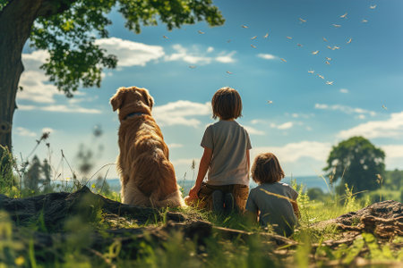 Children and a dog running through a field in a park.の素材