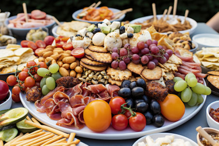 A table topped with lots of different types of food.の素材