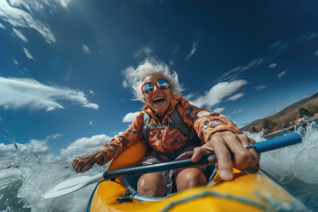 A old woman riding on the back of a yellow raft down a river.の素材