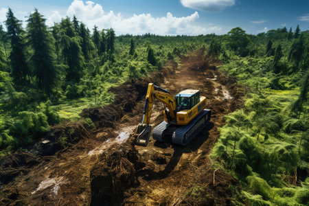 Bulldozers digging a dirt road in a forest. Global deforestation.の素材
