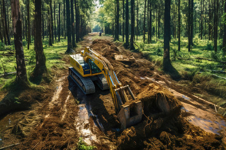 Bulldozers digging a dirt road in a forest. Global deforestation.の素材