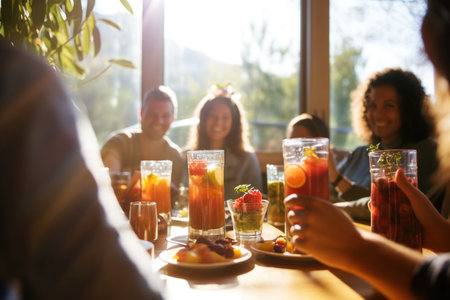 Cheerful group toasting with drinks, radiating happiness and enjoyment.の素材