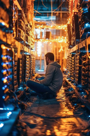 Mining Bitcoin with Miner. Equipment for mining crypto. Worker in front of miner.の素材
