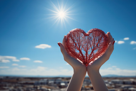 Woman holding red heart shaped object in their hands against blue winter sky with sun. Valentine love concept.の素材