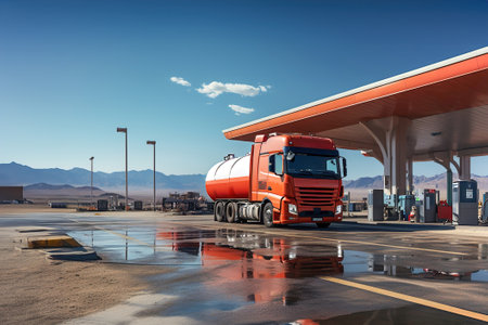 Tank truck parked in front of gas station.の素材