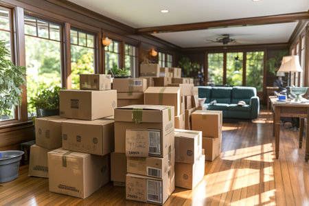 A living room filled with lots of boxes prepared for moving. Moving company organizes transportation.の素材