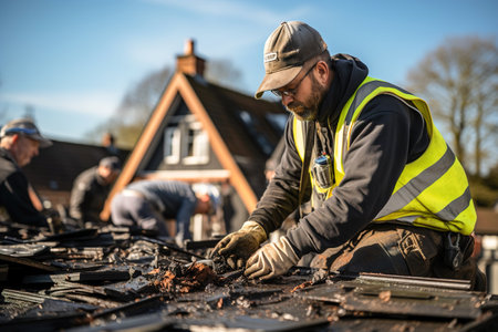 A man working on the roof of a building placing tiles.の素材