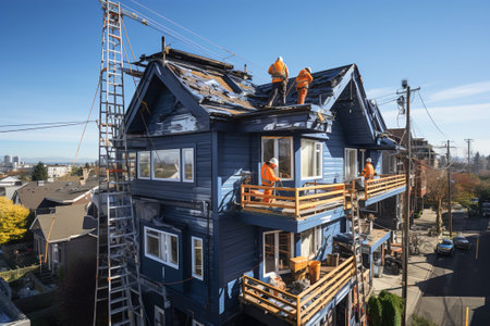 A couple of men working on top of a roof if a house. Repair roof tiles.の素材