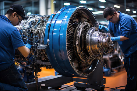 Workers work on an aircraft engine in a plane manufacturing factory.の素材