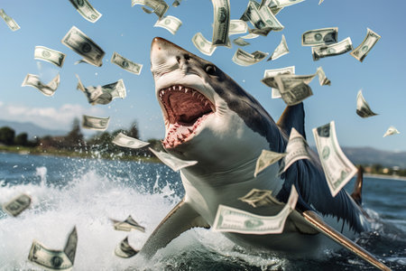 A shark with its mouth open surrounded by a lot of money scattered under the water. Business metaphor.の素材