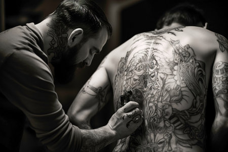 A man tattoo artist getting a tattoo on client's back.の素材
