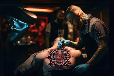 A man tattoo artist getting a tattoo on client's back.の素材