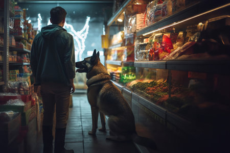 A man and a dog in a pet food store between shelves.の素材