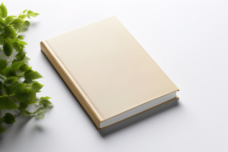 A beige book cover mockup isolated on white background.の素材