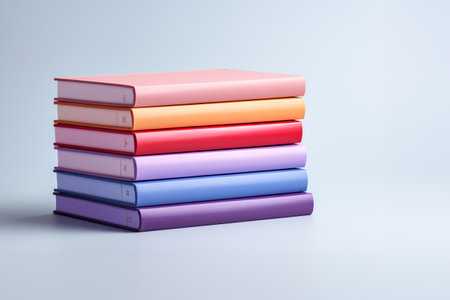 A stack of colorful books mockup sitting on top of white table on blue background.の素材