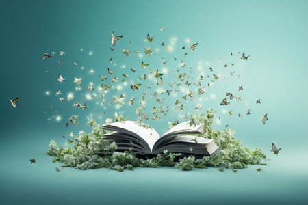 An open book with butterflies flying out of it ob blue background.の素材