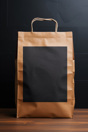 Black colour paper bag mock-up isolated on black.の素材