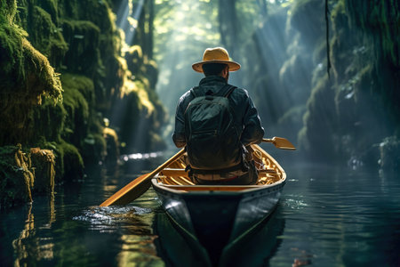 Young man is paddling a canoe on forest river.の素材