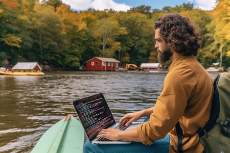 A man programmer sitting on a rock in forest to a river and coding on laptop. Work on computer in the nature.の素材