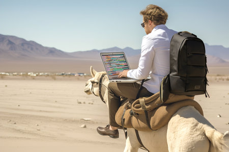 A man programmer riding a camel. Coding sitting on camel with a laptop in the desert. Working remote on computer outdoor.の素材