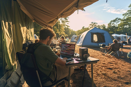Young programmer sitting at a table in a tent and coding with a laptop. Working remote on campsite in the nature.の素材