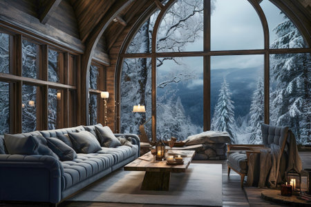 A living room filled with furniture and a large window with view of snow and winter forest.の素材