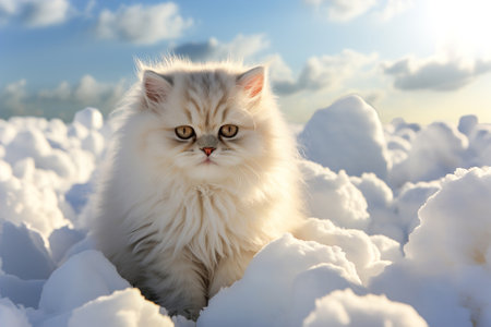 A fluffy white kitten sitting in the snow.の素材