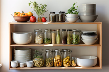 A kitchen white wall with shelves topped with lots of bottles, bowls and jars with spices and productsの素材